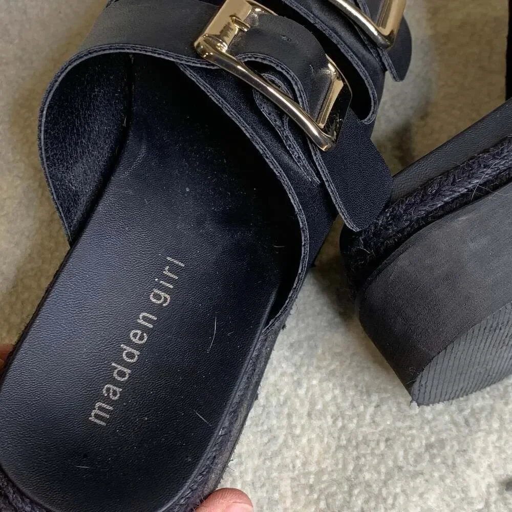 Madden Girl Women's Mythicall Black Double Buckle Flatform Slide Sandals